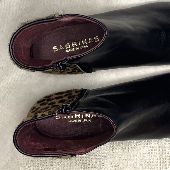 SABRINAS Ankle Boots Leather Calf Hair Fur Leopard Spain Womens 38 US 7.5 Black - Picture 8 of 9